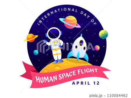 International Day of Human Space Flight Vector Illustration on 12 April with Astronaut Standing on the Moon, Transmitter Satellites and Planets International Day of Human Space Flight Vector Illustration on 12 April with Astronaut Standing on the Moon, Transmitter Satellites and Planets 110084462