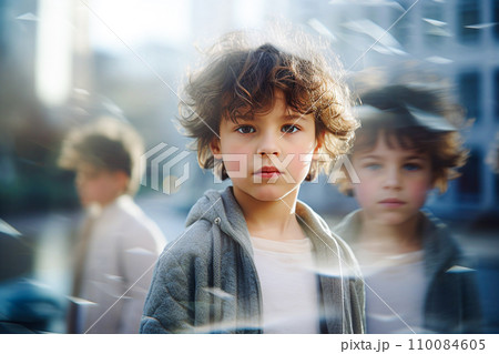 AI-generated content. Defocused boy in the city on a background of the street 110084605