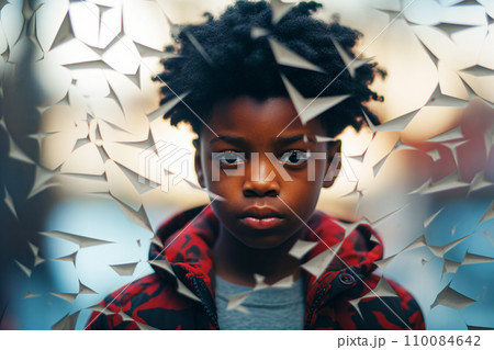 AI-generated content. Portrait of a little African American boy in urban background. Selective focus 110084642
