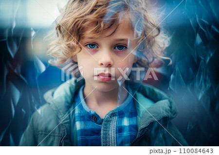 AI-generated content. Portrait of a cute little boy with curly hair and blue eyes looking at camera. Selective Focus 110084643