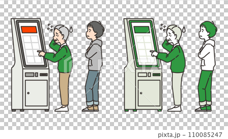 Illustration of elderly people who are not good at kiosks Illustration of elderly people who are not good at kiosks 110085247