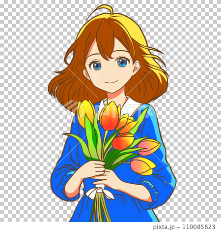 拿著鬱金香花束的動漫人物風格女孩插圖（AI 生成圖像） 110085823