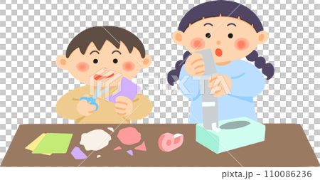 日本男孩和女孩玩紙和廢料的插圖 110086236