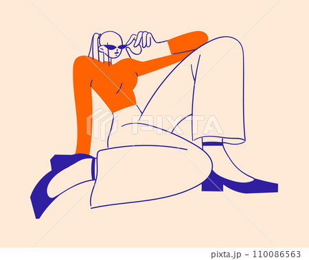 Stylish fashionable sitting woman with unusual body proportions 110086563