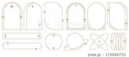 Aesthetic frames and shapes with stars. Minimal y2k outline graphic design with sparkles. Abstract minimalistic arches borders. Trendy boho geometric templates set. Vector Aesthetic frames and shapes with stars. Minimal y2k outline graphic design with sparkles. Abstract minimalistic arches borders. Trendy boho geometric templates set. Vector 110086720