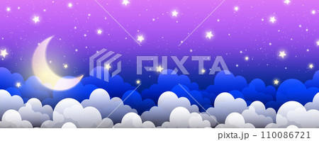 Night purple sky background. Starry dark gradient space. Crescent moon and clouds dreamy scene. Vector cute landscape panorama. Magic midnight illustration 110086721