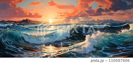 Digital painting of the sea rising into the sky The clear waters with waves crashing into the sky are beautifully colored by the warmth of the sun rising above the horizon. Pleasant atmosphere. 110087806