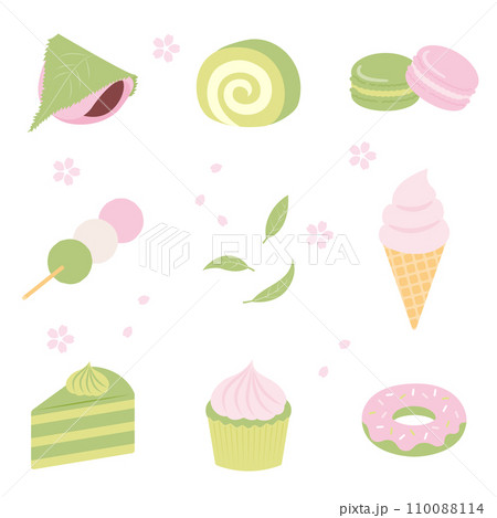 春らしい桜と抹茶のスイーツのイラストセット 110088114