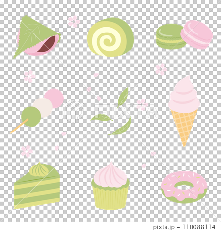 春らしい桜と抹茶のスイーツのイラストセット 110088114