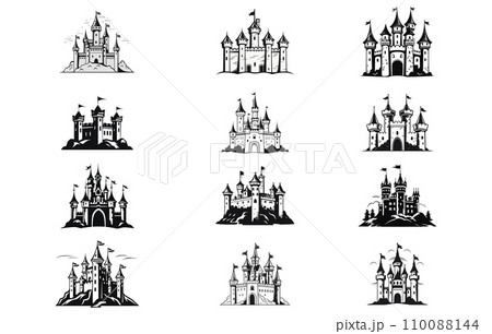 castle logo icon vector illustration,Vector set with hand drawn medieval castles 110088144