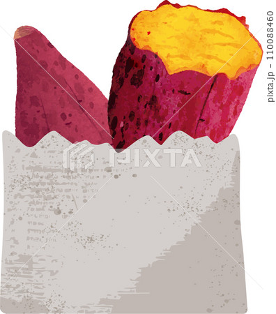 秋　さつまいも　焼き芋　新聞紙の紙袋に入った焼芋　水彩　イラスト素材 110088460