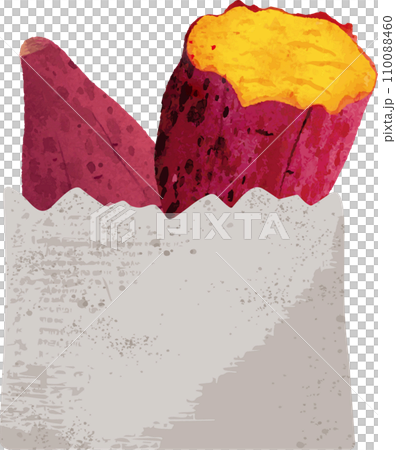 秋　さつまいも　焼き芋　新聞紙の紙袋に入った焼芋　水彩　イラスト素材 110088460