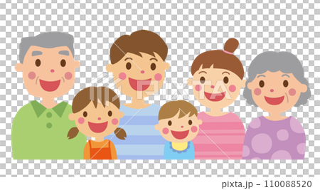 Three generations of family snuggled together with smiles 110088520