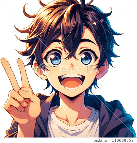 ピースする笑顔の少年 110089358