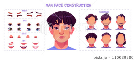 Young oriental man face construction kit. 110089580