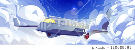 Passenger airplane flying high in sky above clouds 110089593