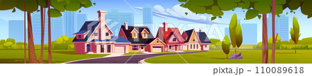 Suburban town street against big city background 110089618