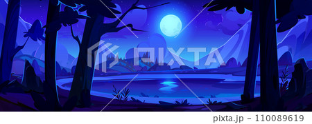 Cartoon night dark landscape with lake in forest 110089619