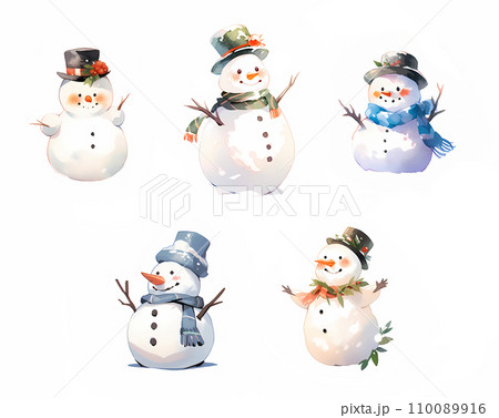 いろいろな雪だるま（水彩画風）のイラスト素材 [110089916] - PIXTA