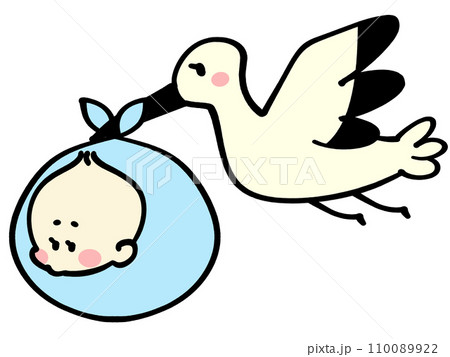 コウノトリに運ばれる赤ちゃんのイラスト素材 110089922