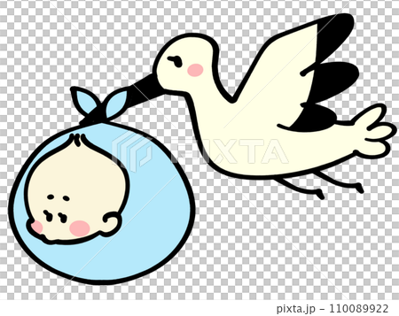 コウノトリに運ばれる赤ちゃんのイラスト素材 110089922
