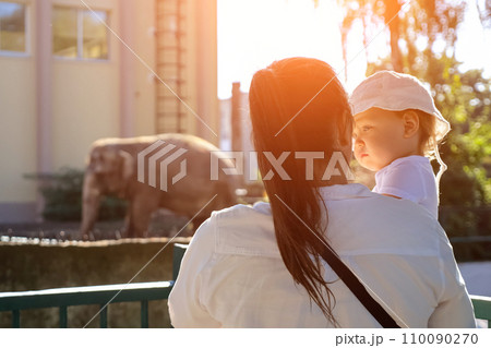 Mom holds toddler in arms looking at big elephant in zoo 110090270