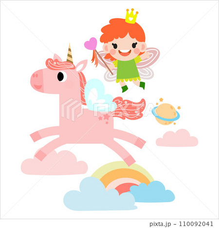 Fairy and Unicorn illustration with rainbow, stars, hearts, clouds, in cartoon style clipart Fairy and Unicorn illustration with rainbow, stars, hearts, clouds, in cartoon style clipart 110092041