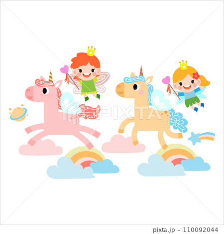 Fairy and Unicorn illustration with rainbow, stars, hearts, clouds, in cartoon style clipart Fairy and Unicorn illustration with rainbow, stars, hearts, clouds, in cartoon style clipart 110092044