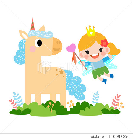 Fairy and Unicorn illustration with rainbow, stars, hearts, clouds, in cartoon style clipart Fairy and Unicorn illustration with rainbow, stars, hearts, clouds, in cartoon style clipart 110092050