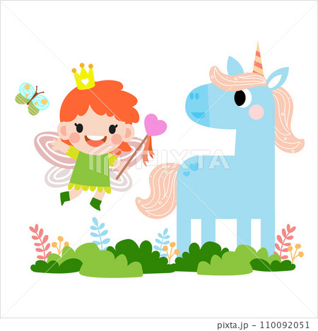 Fairy and Unicorn illustration with rainbow, stars, hearts, clouds, in cartoon style clipart Fairy and Unicorn illustration with rainbow, stars, hearts, clouds, in cartoon style clipart 110092051