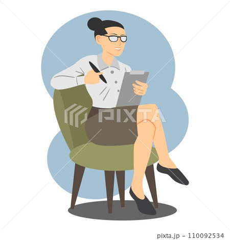 Woman psychologist sitting on chair and holding clipboard. 110092534