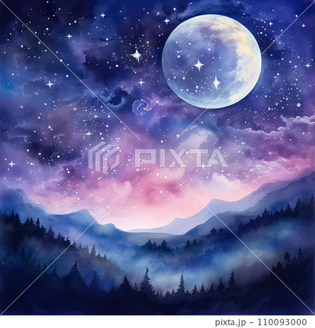 Watercolor night sky with moon and sparkling stars background Watercolor night sky with moon and sparkling stars background 110093000