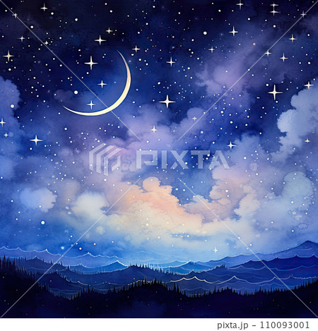 Watercolor night sky with moon and sparkling stars background Watercolor night sky with moon and sparkling stars background 110093001