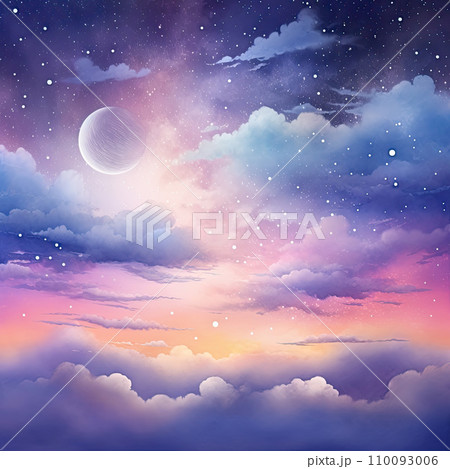 Watercolor night sky with moon and sparkling stars background 110093006