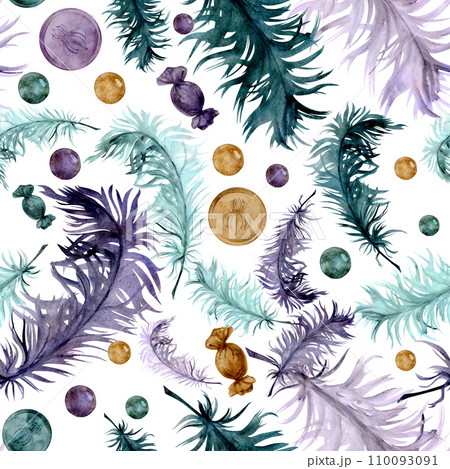 Hand drawn watercolor Mardi Gras carnival symbols. Gold purple green feathers, bonbons beads baubles coin throws. Seamless pattern isolated on white background. Design for party, print, shop, package Hand drawn watercolor Mardi Gras carnival symbols. Gold purple green feathers, bonbons beads baubles coin throws. Seamless pattern isolated on white background. Design for party, print, shop, package 110093091