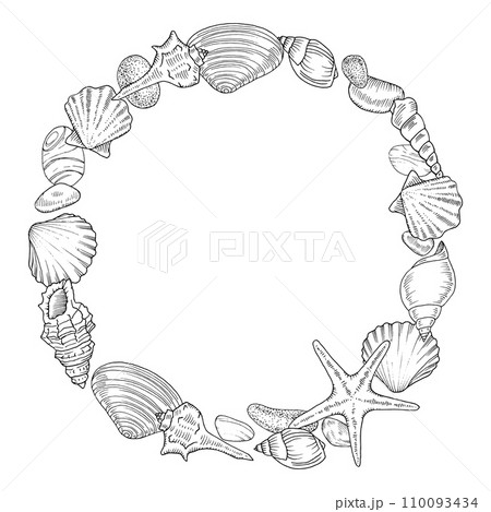 Seashell Wreath. Vector outline illustration of sea conch and starfish. Hand drawn graphic clipart of shell. Linear drawing on isolated background. Nautical frame border. Black contour line art 110093434