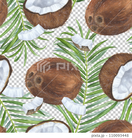 Coconut seamless Pattern. Watercolor botanical illustration. Hand drawn on isolated background. Painting of tropical exotic Fruit with palm leaf. Summer plant drawing. Ornament for kitchen textiles 110093448