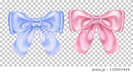 Bow Set Watercolor illustration. Hand drawn clip art on white isolated background. Drawing of blue and pink ribbon. Painting of gender party and baby shower decorations 110093449