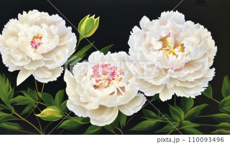 Beautiful cream colored and white peony flowers close up. Peony is a genus of herbaceous perennials and deciduous shrubs, tree-like peony. Peony family Paeoniaceae. Fragrant bouquet. Generated by AI. 110093496