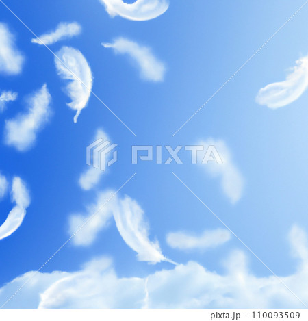 Fluffy white feathers falling down in a blue sky. Feather floating freedom concept. Flying feathers and light white clouds against the blue sky. Soft airy swan down. Clouds and sunshine 110093509