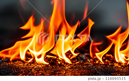 Fire lights on a black background. Fireballs in the night. A burning fire or fire. Danger from fire. The work of a fakir. 110093515