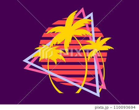 80s retro sci-fi palm trees on a sunset in triangular frame. Retro futuristic sun with palm trees. Synthwave and retrowave style. Design for advertising banners and posters. Vector illustration 80s retro sci-fi palm trees on a sunset in triangular frame. Retro futuristic sun with palm trees. Synthwave and retrowave style. Design for advertising banners and posters. Vector illustration 110093694