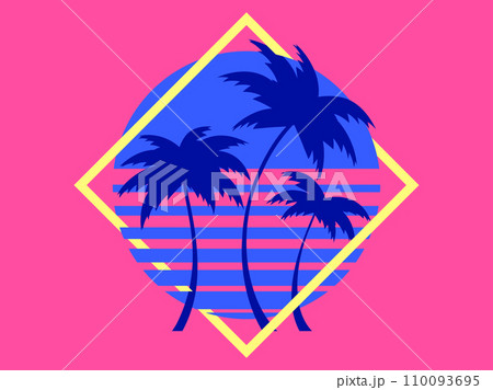 Silhouettes of palm trees at sunset in the style of the 80s in a square frame. Retro futuristic sun with palm trees in Synthwave and Retrowave style. Design of banner and poster. Vector illustration Silhouettes of palm trees at sunset in the style of the 80s in a square frame. Retro futuristic sun with palm trees in Synthwave and Retrowave style. Design of banner and poster. Vector illustration 110093695