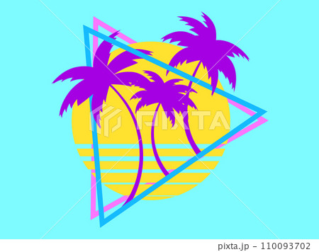 80s retro sci-fi palm trees on a sunset in triangular frame. Retro futuristic sun with palm trees. Synthwave and retrowave style. Design for advertising banners and posters. Vector illustration 80s retro sci-fi palm trees on a sunset in triangular frame. Retro futuristic sun with palm trees. Synthwave and retrowave style. Design for advertising banners and posters. Vector illustration 110093702