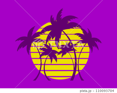 Retro futuristic palm trees in 80s style at sunset. Summer time, palm trees on the background of the sun, synthwave style. Design for advertising brochures and banners. vector illustration Retro futuristic palm trees in 80s style at sunset. Summer time, palm trees on the background of the sun, synthwave style. Design for advertising brochures and banners. vector illustration 110093704