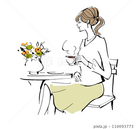 コーヒー　カフェ　女性　楽しむ　テーブル椅子　喫茶店　休憩 カフェでお茶をする女性のイラスト 110093773