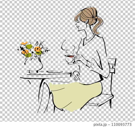 コーヒー　カフェ　女性　楽しむ　テーブル椅子　喫茶店　休憩 カフェでお茶をする女性のイラスト 110093773