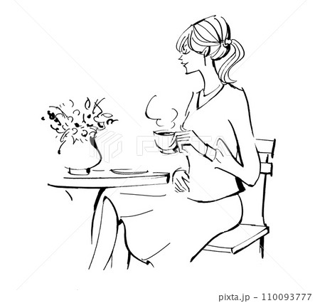コーヒー　カフェ　女性　楽しむ　テーブル椅子　喫茶店　休憩 カフェでお茶をする女性のイラスト 110093777