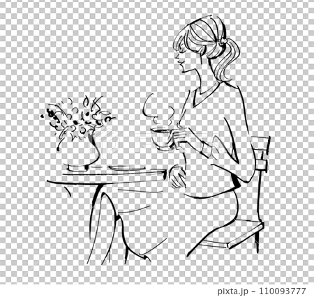 コーヒー　カフェ　女性　楽しむ　テーブル椅子　喫茶店　休憩 カフェでお茶をする女性のイラスト 110093777