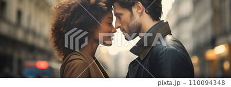 A young couple in profile face to face  110094348